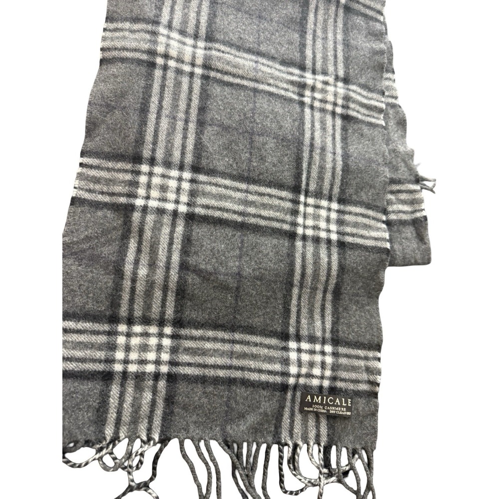 AMICALE 100% Cashmere Scarf gray/white plaid 11.5" x 59 inches